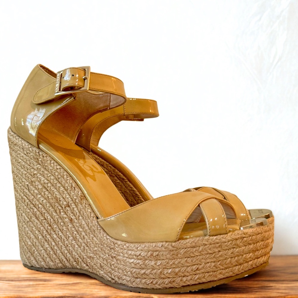 Jimmy Choo Pallis Espadrille Nude Patent Leather Wedge Sandal 38.5 / US 8